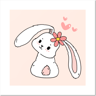 cute bunny rabbit with flower on head cute and sweet baby animal cartoon Posters and Art